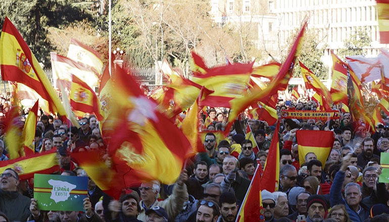 Die Demonstranten in Madrid schwenkten zahlreiche spanische Flaggen. Foto: EFE
