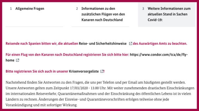 Screenshot der Website spanien.diplo.de mit Infos zur Rückholaktion nach Deutschland