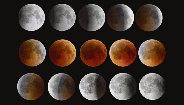 Phasen der totalen Mondfinsternis im Jahr 2018. Foto: Juan Carlos Casado (starryearth)